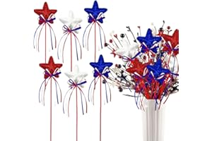 FURIMUK 6 Pcs 4th of July Glitter Puffy Star Picks Foam Sparkly Sticks for Americana Independence Day Party Crafts Supplies Decorations, Memorial Day Patriotic Decor (Red White Blue)