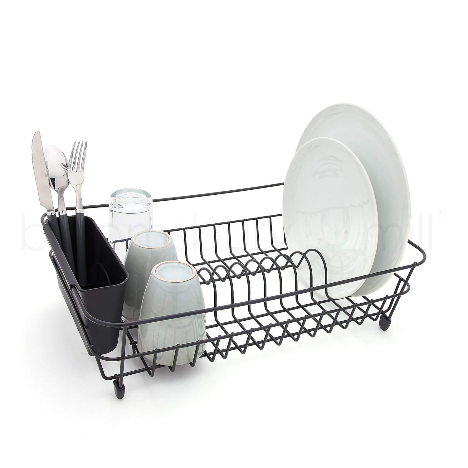Black AntiRust Wire Dish Drainer, Plate Drying Rack w/ Cutlery Holder