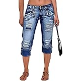 Flamingals Ripped Capri Jeans for Women Stretch Butt Lifting Low Rise Skinny Capris Denim Pants