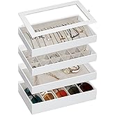 GLOBAL KA 4-Layer Stackable Jewelry Organizer Trays with Tempered Glass Lid, White PU Leather Jewelry Drawer Inserts Display Case, Large Storage Box for Earring Necklace Ring Sunglasses