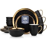 Stone Lain Florian Modern Porcelain 16 Piece Dinnerware Set, Plates and Bowls Set, Dish set for 4, Black And Golden Rim
