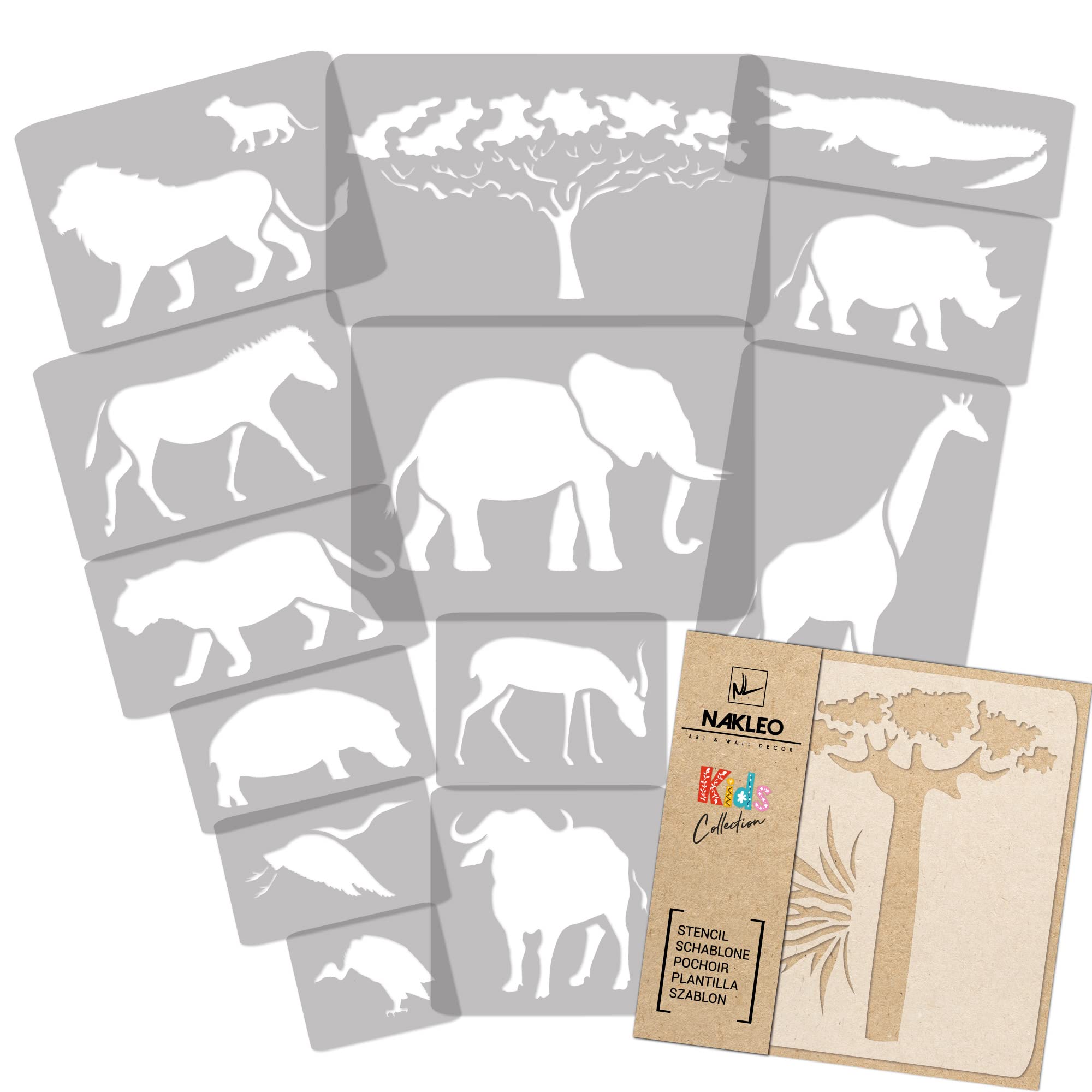 NAKLEO Painting Stencils Set for Kids, 14 Pcs Templates 9x12 to 23x34cm Savannah Animal, Plastic and Reusable Drawing Stencils, Children Room Decor, Craft DIY Wall Furniture — image 1