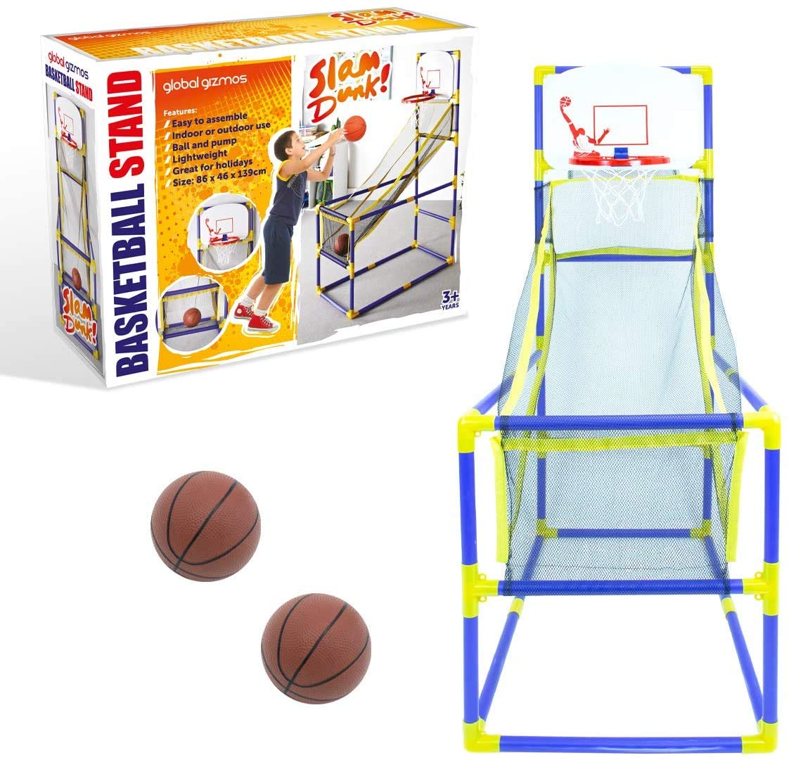 Global Gizmos 55639 Arcade Basketball Hoop/Indoor, Outdoor Use/Easy To Assemble / 2 Balls & Pump Included/Kids Games / 86cm x 46cm x 139cm, Blue & Yellow
