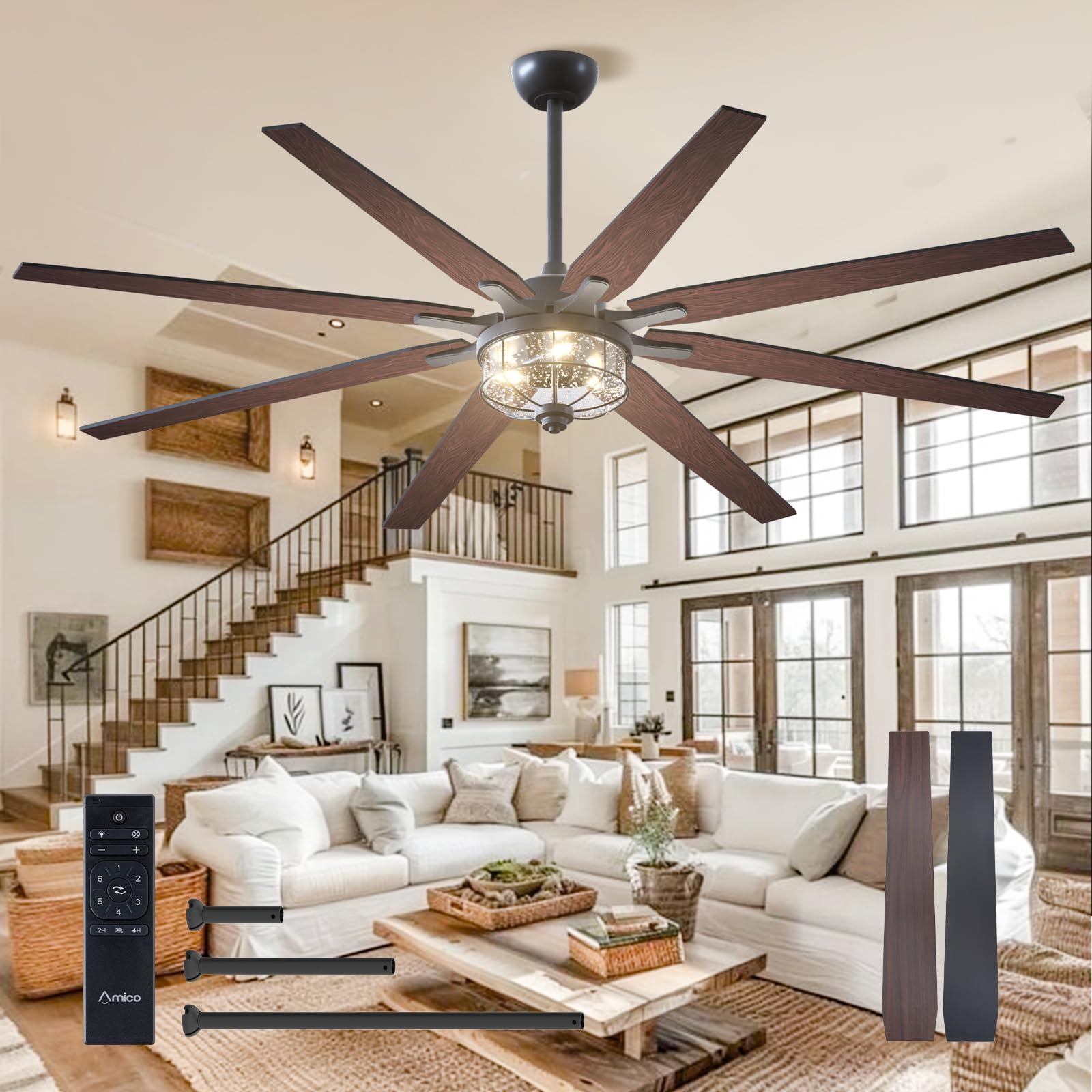 Photo 1 of Amico Ceiling Fans with Lights, 72'' Indoor/Outdoor Black Ceiling Fan with Remote Control, Reversible DC Motor, 8 Blades, 3CCT, Dimmable, Noiseless, Vintage Large Ceiling Fan for Farmhouse, Bedroom