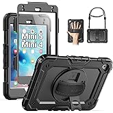 SEYMAC for iPad mini 5/ Mini 4 Case 7.9 Inch, Heavy Duty Shockproof Full-Body Protective Case with Screen Protector, 360° Rotating Stand, Hand/Shoulder Strap for iPad mini 5th/ 4th Generation, Black