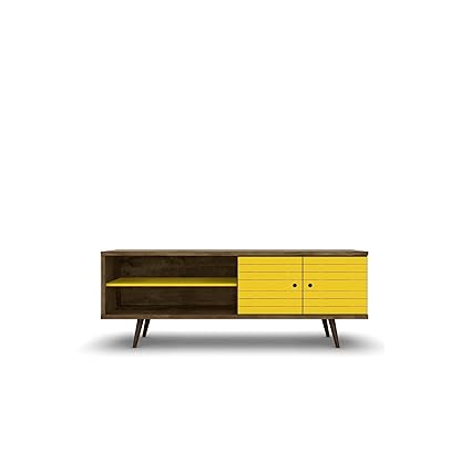 Modhaus Living Mid Century Modern 62 99 Inch Tv Stand Storage With 3 Shelves 2 Doors And Solid Wood Legs Includes Pen Rustic Brown And Yellow
