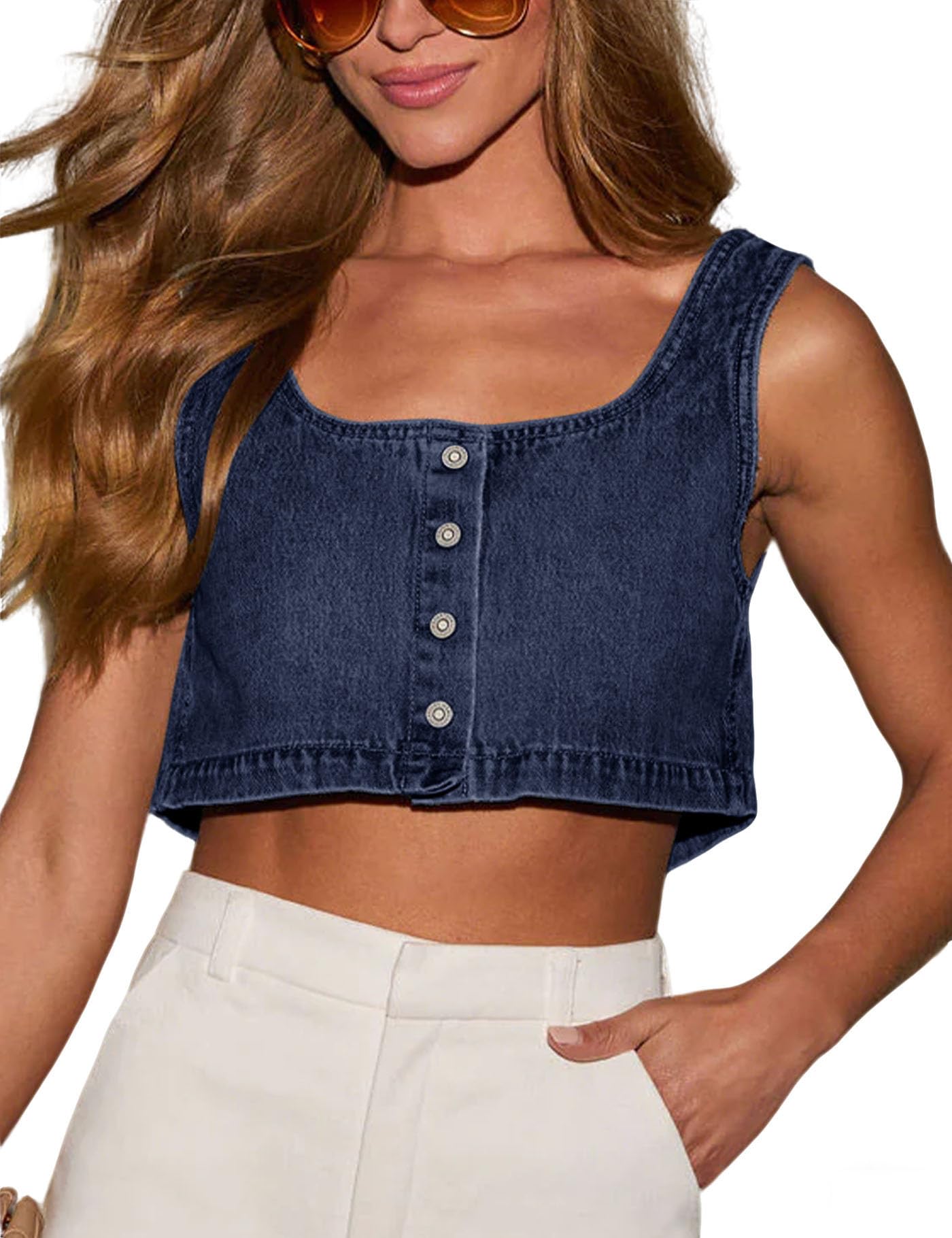 Photo 1 of Limerose Women's Reversible Tank Tops Button Denim Crop Blouses Sleeveless Cami Shirts