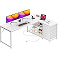 PRAISUN 61" L Shaped Desk with Power Outlets and USB-C Port, Reversible Computer Corner Office Desk with 4 Fabric Drawers and 2 Height-Adjustable Shelves, Large for Gaming Writing Work Study, White