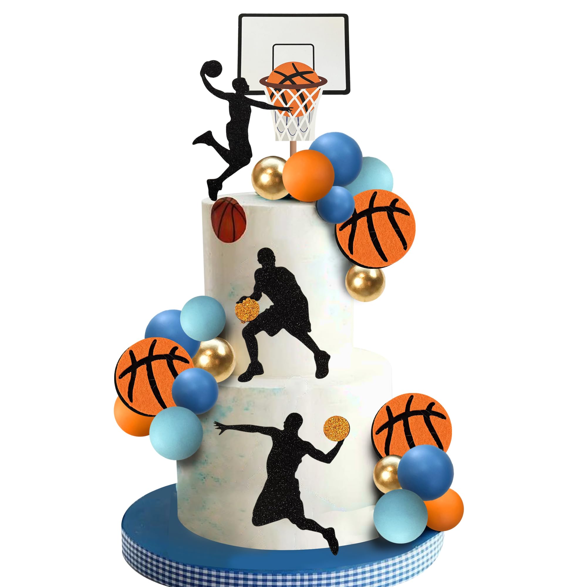 Photo 1 of 24 PCS Basketball Cake Toppers Blue Orange Basketball ball Themed Cake Decorations for Boy Sport Cake Party Decorations Sports Party Supplies