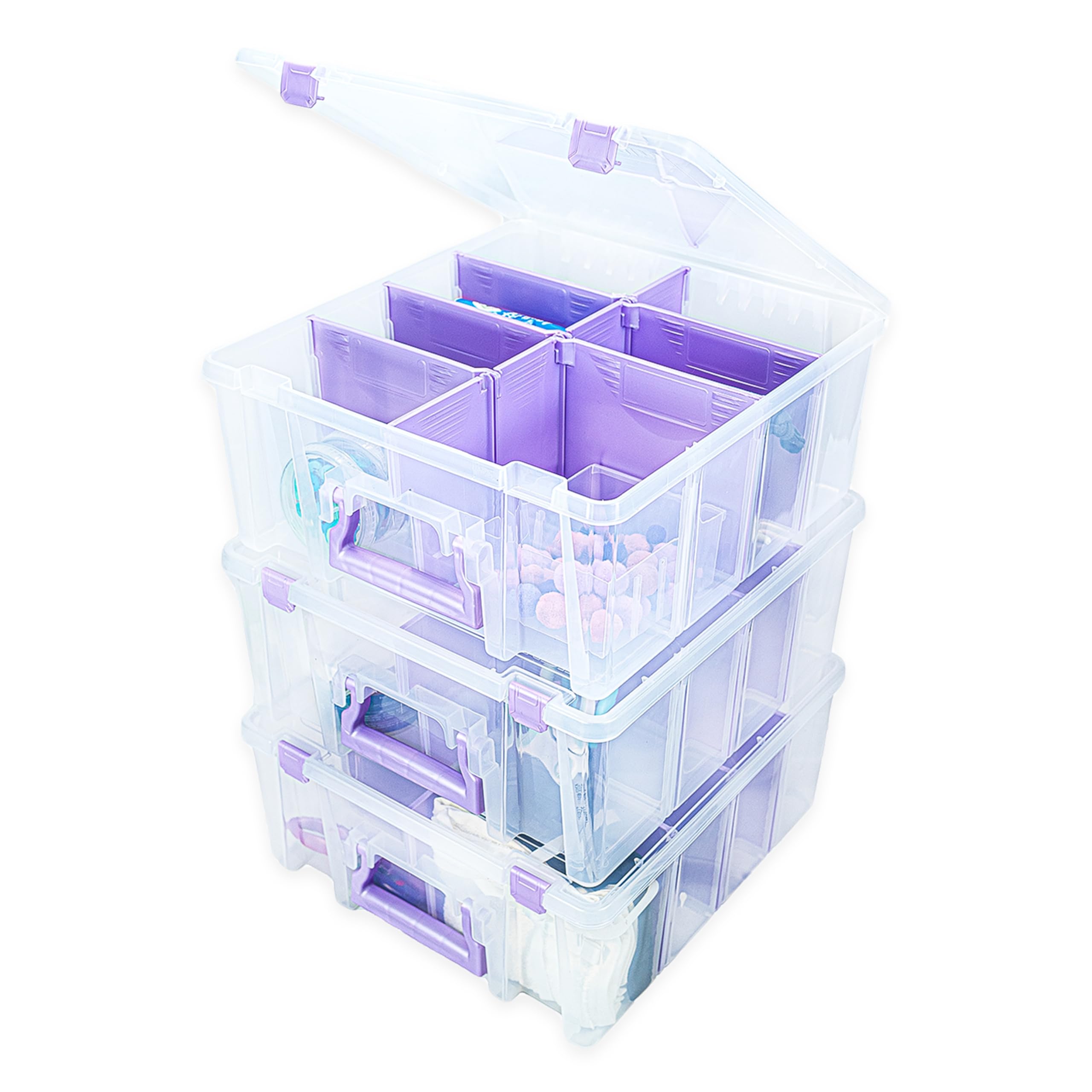 ArtBin Super Satchel Double Deep Compartment Box with Purple Accents in a 3 Pack - Art Storage with 8 Removable Compartments, Smart Closure for Craft Supplies (Purple - Pack of 3) Image