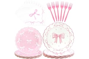 CANREVEL 96 PCS Bow Party Plates Serve 24, Bow Plates and Napkins Forks Set, Disposable Tableware for Birthday Supplies Party Decorations for Grils Kids Women