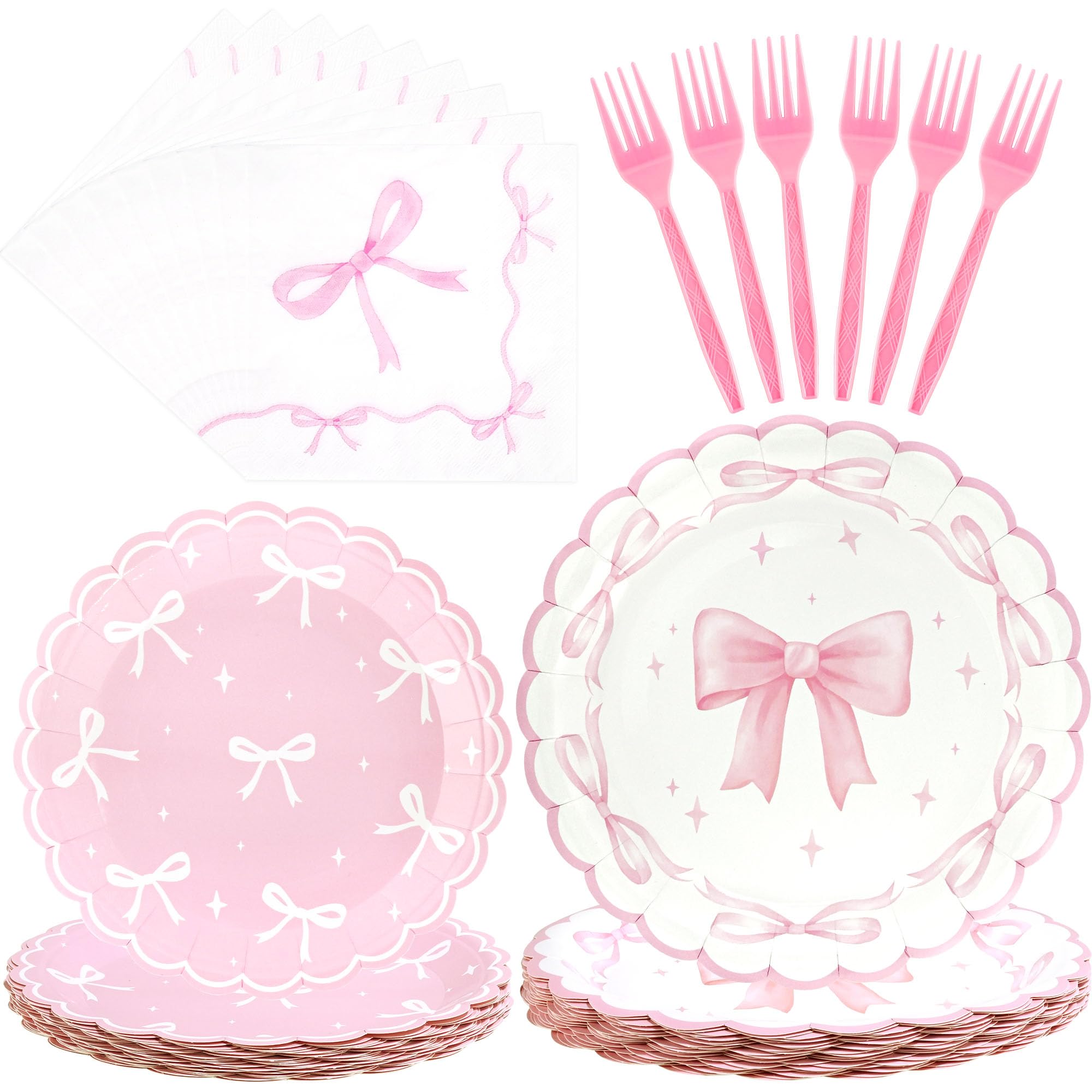 Photo 1 of CANREVEL 96 PCS Bow Party Plates Serve 24, Bow Plates and Napkins Forks Set, Disposable Tableware for Birthday Supplies Party Decorations for Grils Kids Women
