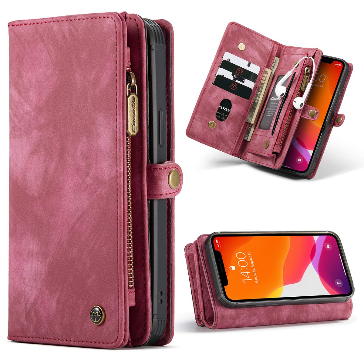 SWP Case for iPhone 12/12 Pro 5G, Wallet Case w/Magnetic Detachable Cover [11 Card Slots] Clutch Wallet w/Wristlets Money Pocket Shockproof Case Compatible with iPhone 12/12 Pro 6.1 inch 2020 (Red) — image 1