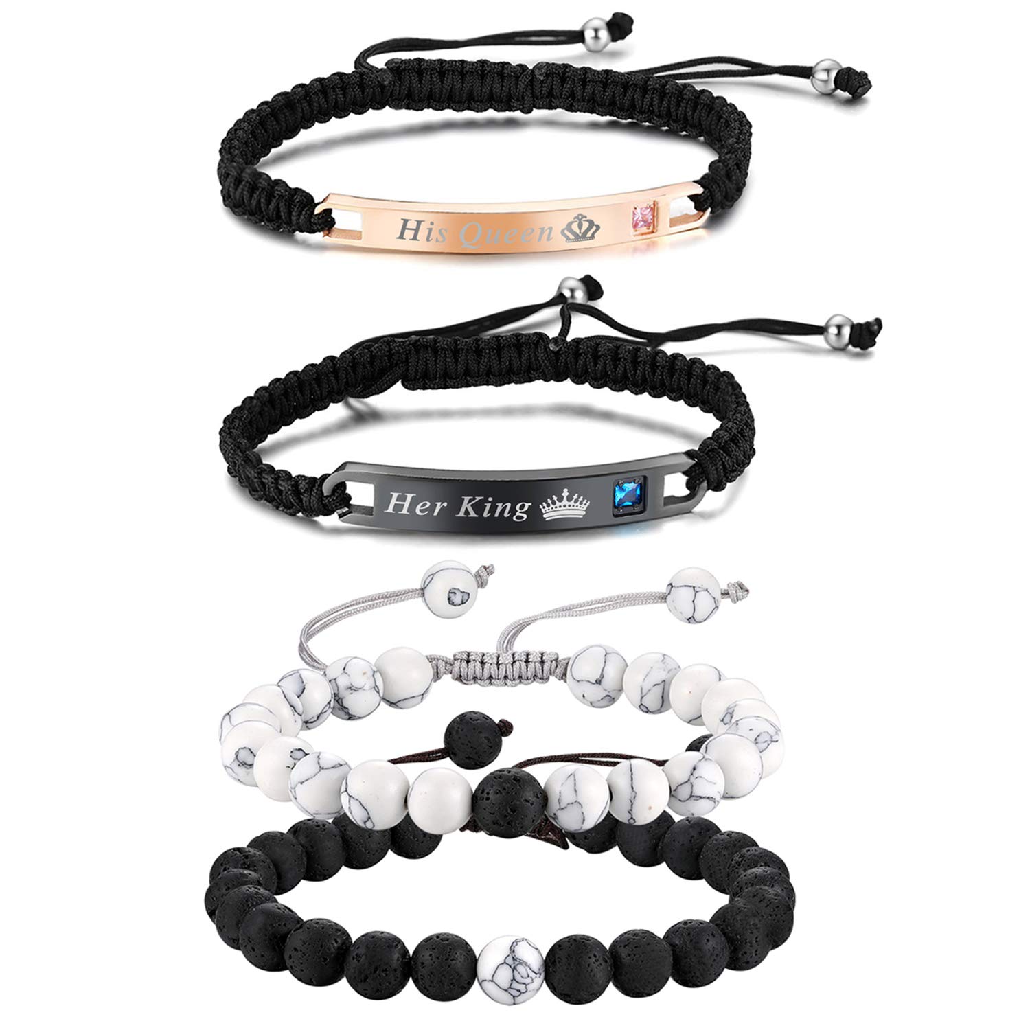 Cupimatch 2 Pairs Couple Matching Matte Agate White Howlite Beads Distance Bracelets Set Stainless Steel Adjustable Promise Relationship Bangle Jewelry