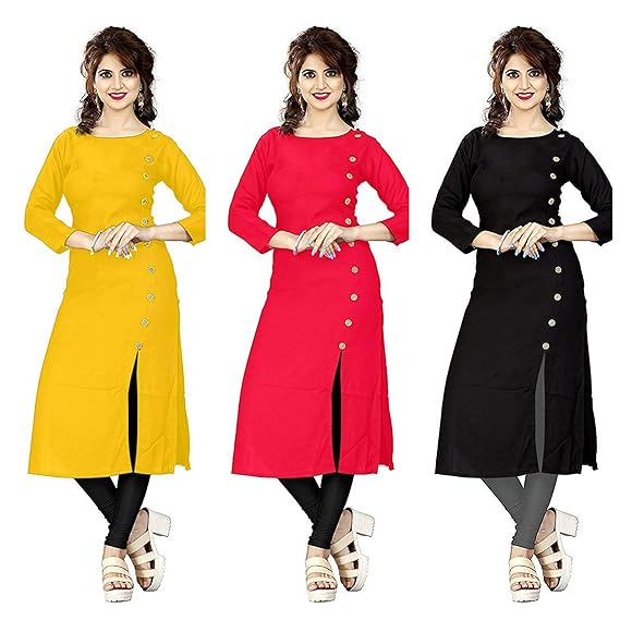 Women's crepe Plain & Solid yellow red black Kurtis Combo Pack of 3 (Multi-Coloured)