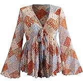 BEAUDRM Women's Plus Size Bell Sleeve Tops Mesh Sheer Tie Front 70s Hippie Shirts Western Flared Ruffle Blouses Peplum Top