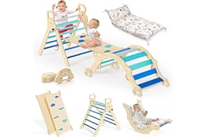 BlueWood Pikler Triangle Set with Cushion, 8-in-1 Climbing Toys for Toddlers, Montessori Philosophy Play Jungle Gym with Arch, Ramp, Ladder(Sky Blue)