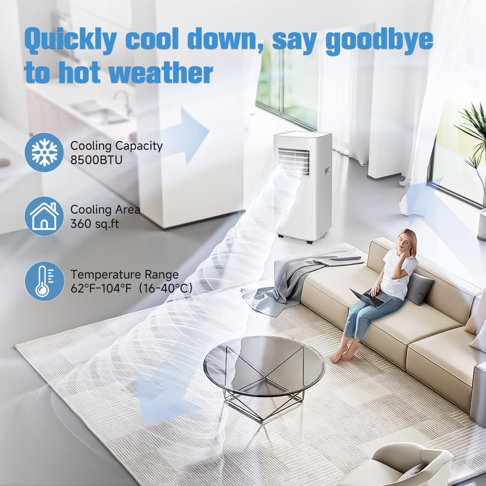 Coolblus Portable Air Conditioner,8500 BTU Portable ac units up to 360 Sq.Ft,Portable ac units for Homeowner,Renter,family White