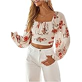SweatyRocks Women's Floral Print Ruched Crop Tops Casaul Blouses Square Neck Long Sleeve Tee Apricot X-Large