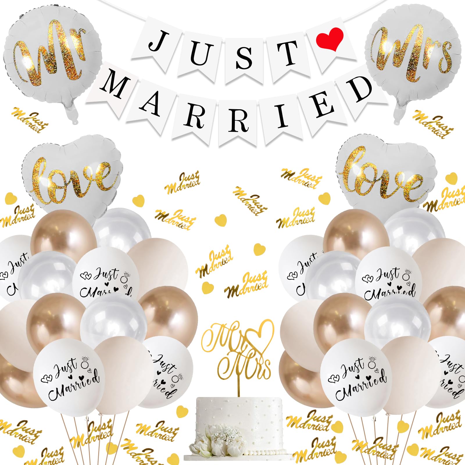 Just Married Banner & Balloons - Mr & Mrs Foil Balloons, Wedding Confetti & Cake Decorations for Bridal Anniversary