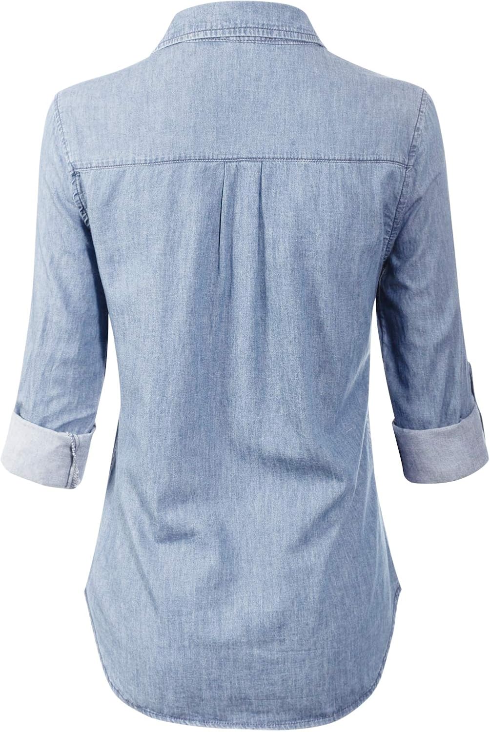 Design by Olivia Women's Basic Classic Roll up Sleeve Button Down Chambray Denim Shirt: Clothing