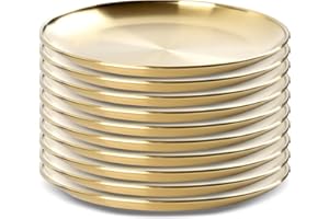 Gold Stainless Steel Plates, 10 PCS 8 Inches Double-Layer Round, Camping & Serving Plates for Parties, Weddings, Restaurants 