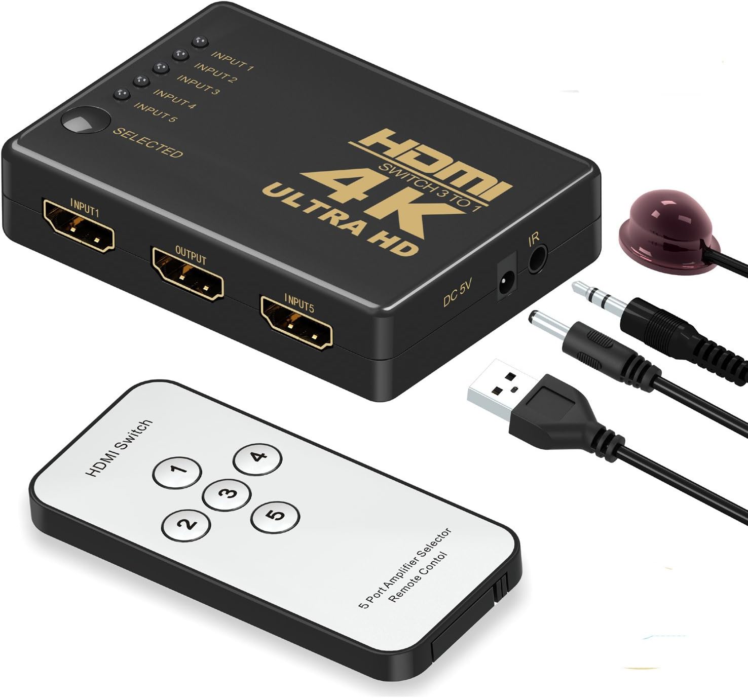 HDMI切替器 分配器GANA 5入力1出力 HDMI セレクター4Kx2K対応 自動切り替え3D映像・フルHD対応USB給電ケーブル付 リモコン付き Fire stick HDTV Blu-Ray DVD DVR Xbox PS3 PS4 AppleTVなど対応 …