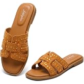 Littleplum Women's Dressy Summer Flat Sandals Comfortable Open Toe Slip On Leather Slide Sandals Soft Cushion Slippers for Walking,Beach,Travel