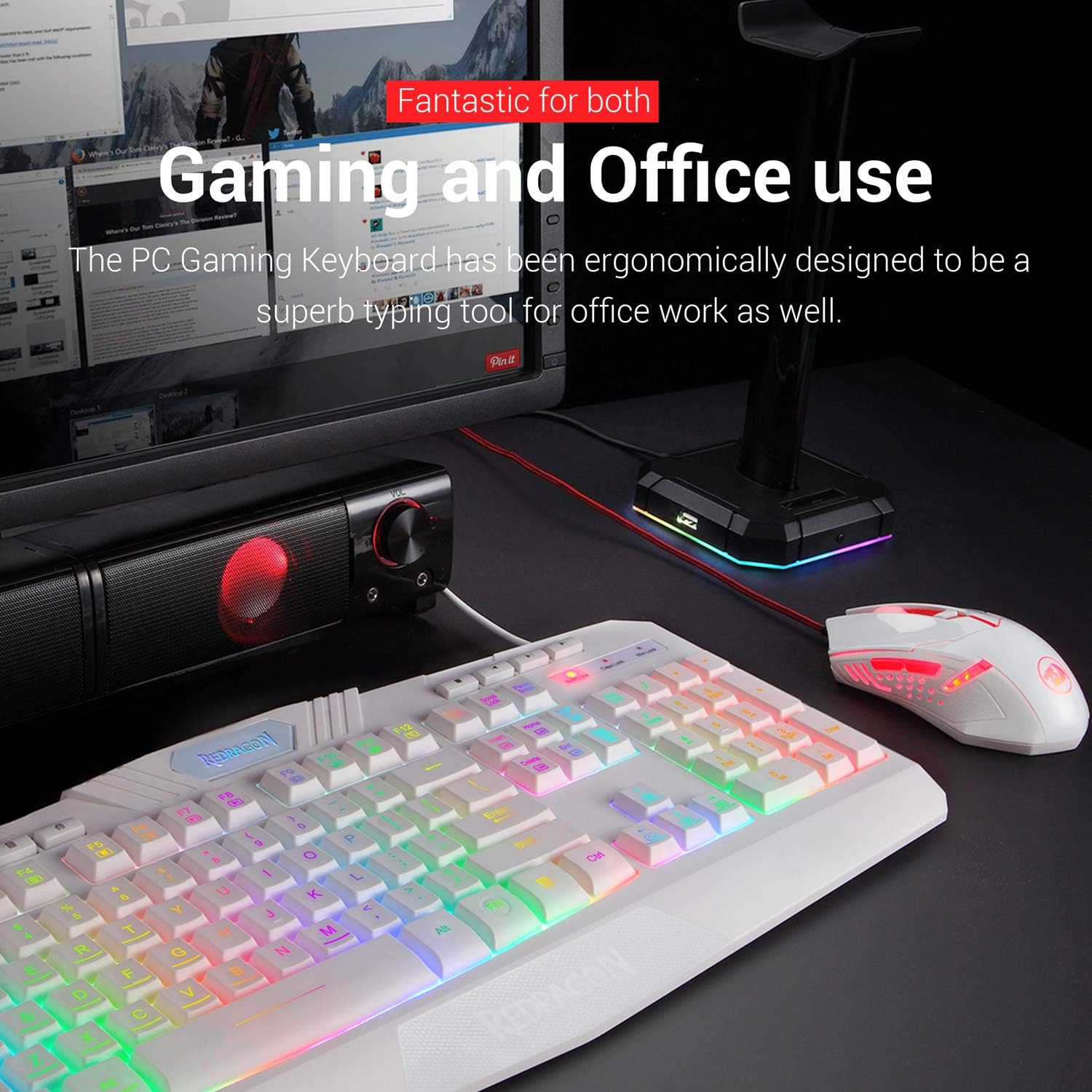Redragon S101 Wired Gaming Keyboard and Mouse Combo RGB Backlit Gaming Keyboard with Multimedia Keys Wrist Rest and Red Backlit Gaming Mouse 3200 DPI for Windows PC Gamers (White): Computers & Accessories