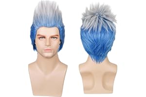 LABEAUTÉ Max Beauty Short Curly Cosplay Wig Men Adult Ombre Blue and White Anime Wig for Halloween + Free Cap