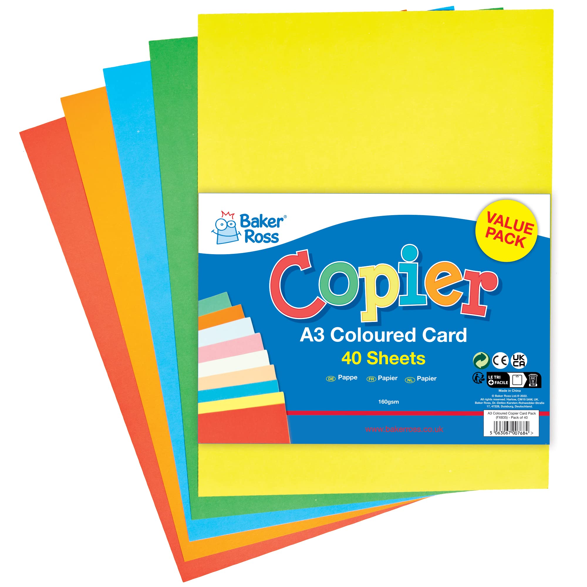 Baker Ross FX835 A3 Coloured Card - Pack of 40, Classroom Craft Essential, Arts and Crafts for Kids, School Supplies