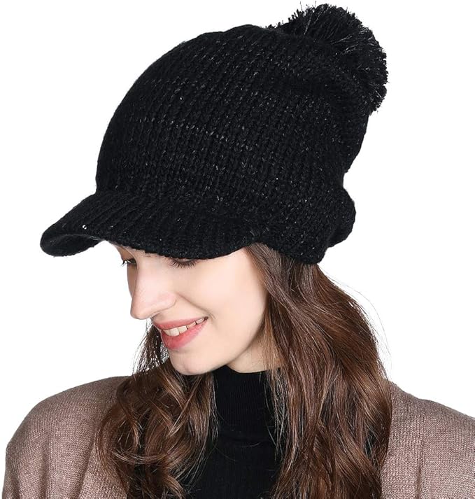 Amazon Com Acrylic Knitted Visor Beanie With Brim Pom Cold Weather Winter Hat For Women Newsboy Cap Black Clothing