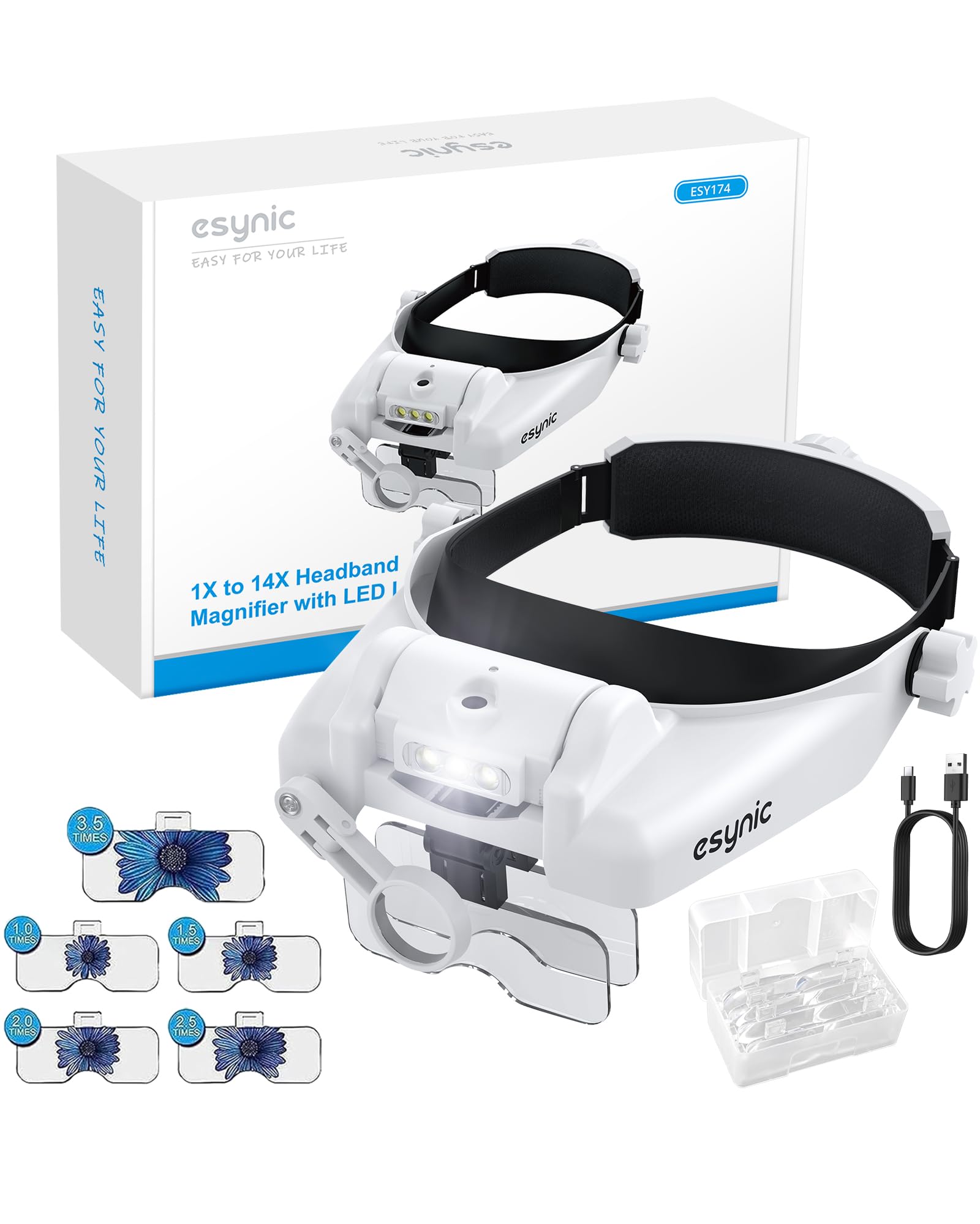 eSynic Head Magnifier Professional Headband Magnifying Glasses Rechargeable Head Magnifying Glass with Light 1X to 14X Headband Magnifier With 3 LEDS &5 Detachable Lenses for Craft Work, Reading etc