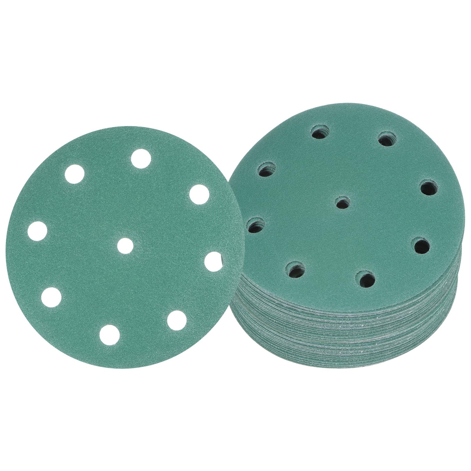 Kozelo 50pcs Green Film Sanding Discs - [5 Inch 150 Grits 9 Hole ] Round Aluminum Oxide Hook & Loop Wet Dry Sander Pads for Wood Metal Polishing Use| Zirconium Corundum Sandpaper