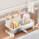 SOVGIZF Sponge Holder for Kitchen Sink,Sink Caddy Organizer with Removable Brush Holder,Kitchen Countertop Soap Dispenser Storage with Detachable Towel Rack,White