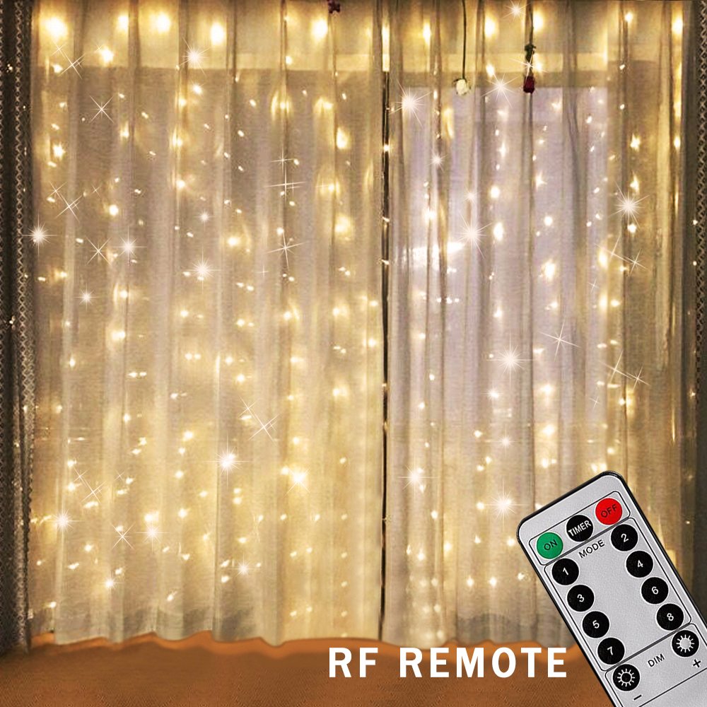 Bjour 300 LEDs Curtain Icicle Lights Christmas String Fairy Light Low-Voltage with 8 Lighting Modes RF Controller, Warm White