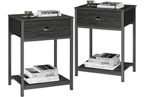Furologee Nightstands Set of 2, Industrial End Table with Fabric Drawer&Storage Shelf, Small Bedside Table Organizer for Small Space for Living Room, Tall 23.6" Night Stand for Bedroom, Black Oak