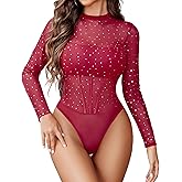 Avidlove Women Mesh Bodysuit Lingerie Mock Neck Long Sleeve Sheer Rhinestone Going Out Top