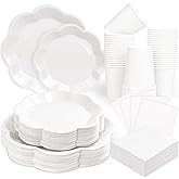 250 Pcs White Paper Plates and Napkins Tableware Set, White Party Supplies for 50 Guests Include Scalloped Paper Plate Napkins Cups for Baby Shower Wedding Bridal Shower Birthday