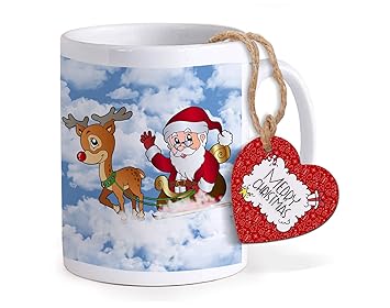 TIED RIBBONS Santa & Deer Printed Coffee Mug(320 ml) with Wooden Tag Christmas Christmas Gift Set for Friends, Family, Secret Santa Gift and Home Decoration Office Decoration