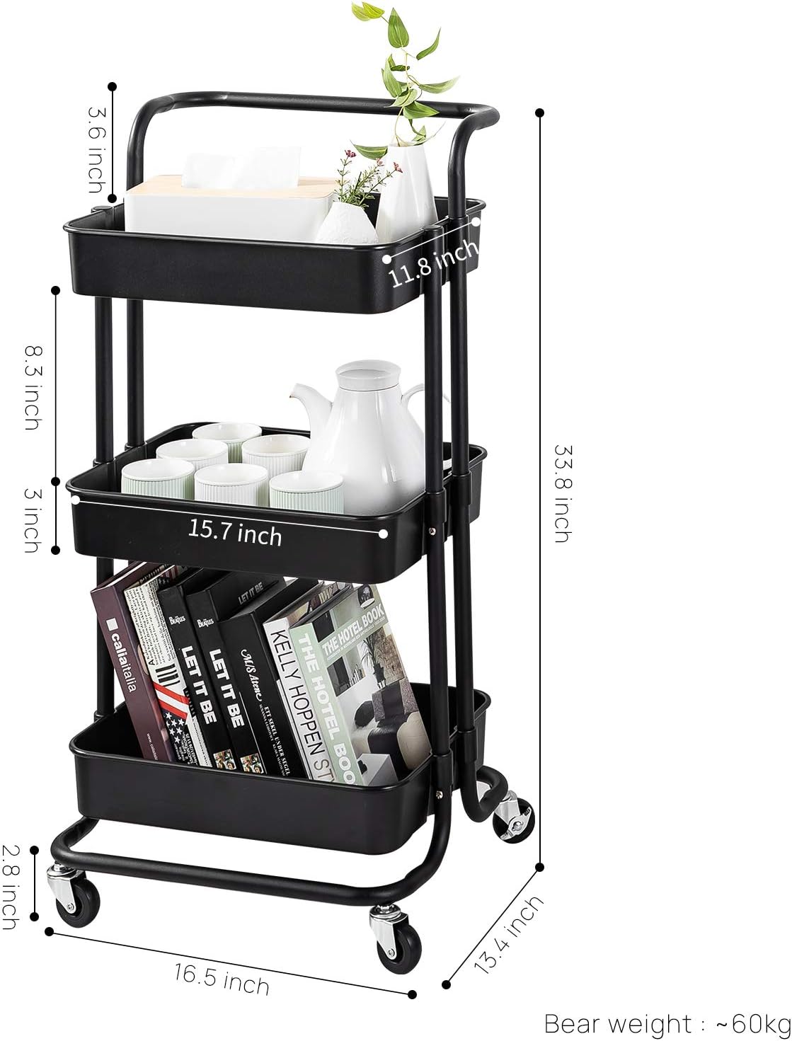 MAXCOOK 3-Tier Rolling Utility Cart, Storage Cart with Handle and Lockable Wheels for Office, Kitchen, Bedroom, Bathroom, Laundry Room & Dressers, Black: Furniture & Decor
