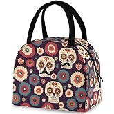 ZzWwR Chic Sugar Skull Day Of The Dead Reusable Lunch Tote Bag with Front Pocket Zipper Closure Insulated Thermal Cooler Container Bag for Man Women Work Picnic Travel Beach Fishing
