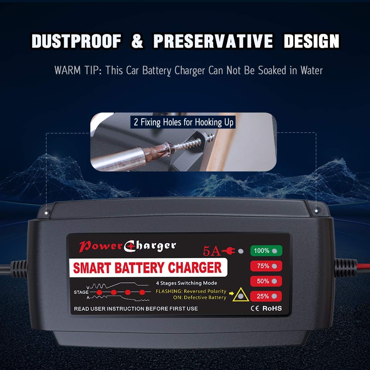 BMK 12V 5A Smart Battery Charger Portable Battery Maintainer with Detachable Alligator Rings Clips Fast Charging Trickle Charger for Car Boat Lawn Mower Marine Sealed Lead Acid Battery: Automotive