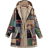 Akivide Women's Winter Ethnic Style Patchwork Sherpa Fleece Lined Hooded Jacket Plus Size Fluffy Warm Outwear with Pockets