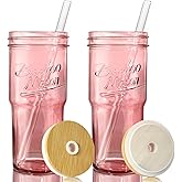 ANOTION Glass Cups with Lids and Straws, 24oz Pink Glass Tumbler Travel Coffee Mug Bamboo Mason Jar Iced Cup Smoothie Tea Clear Cute Water Drinking Jars Glasses
