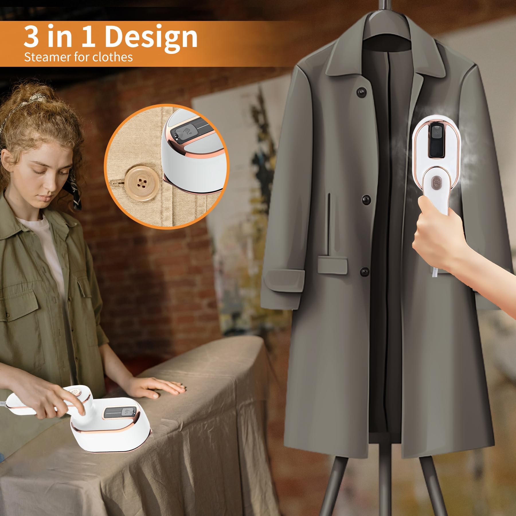 Portable Handheld Steamer for Clothes, 2-in-1 Ironing & Steaming,180° Rotatable Multi-Directional, Mini Travel Steamer,suitable for clothing of the majority of sizes/thickness for Dorm Room, White