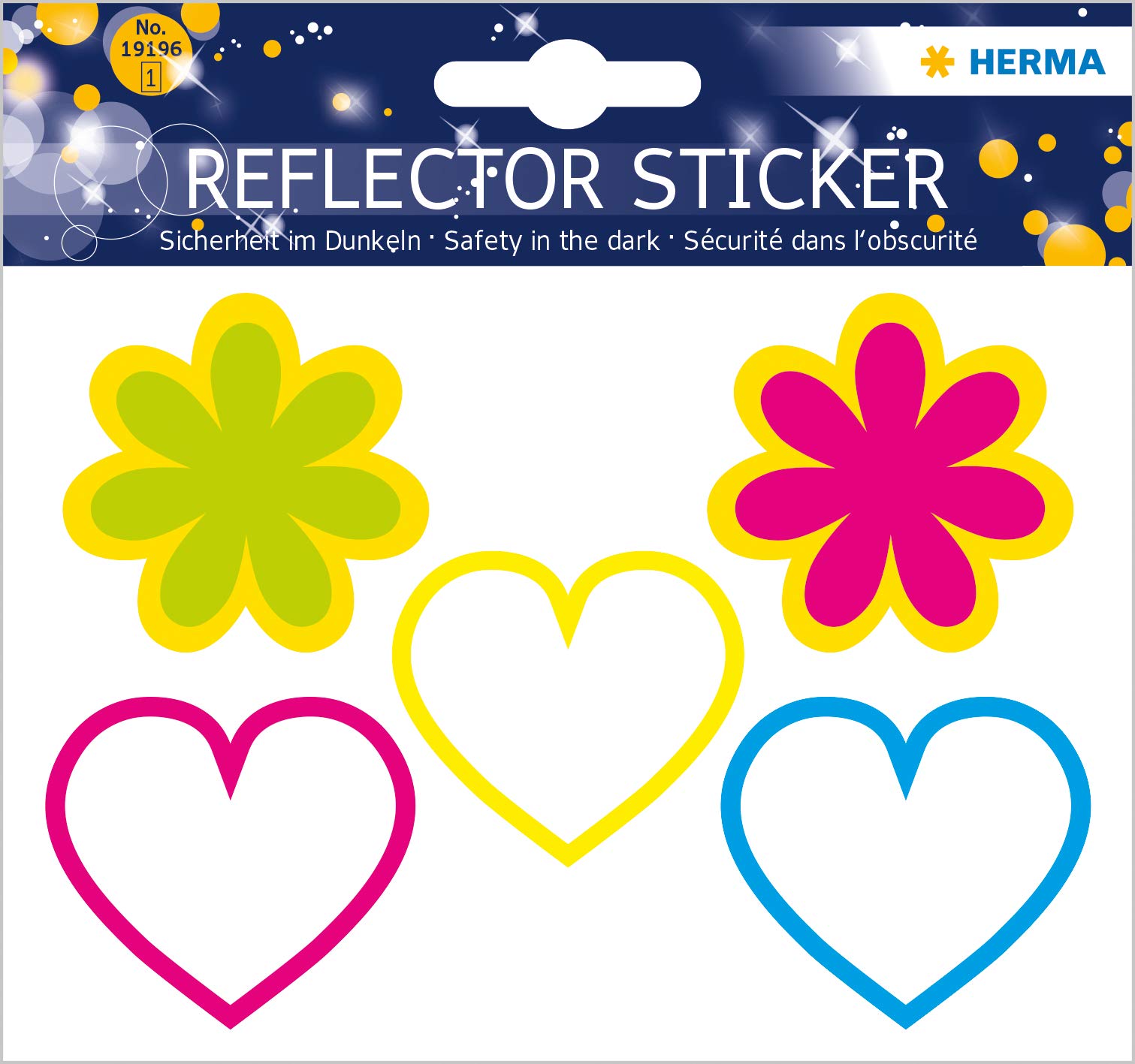 Herma Reflective Stickers, Permanent Hold, 5 Fluorescent Stickers per Pack Hearts & Flowers Motif