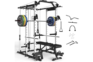 ER KANG Home Gym Package, PC06 Power Cage with Bench, Olympic Barbell, and 230LBS Bumper Olympic Weights(Red Combo)