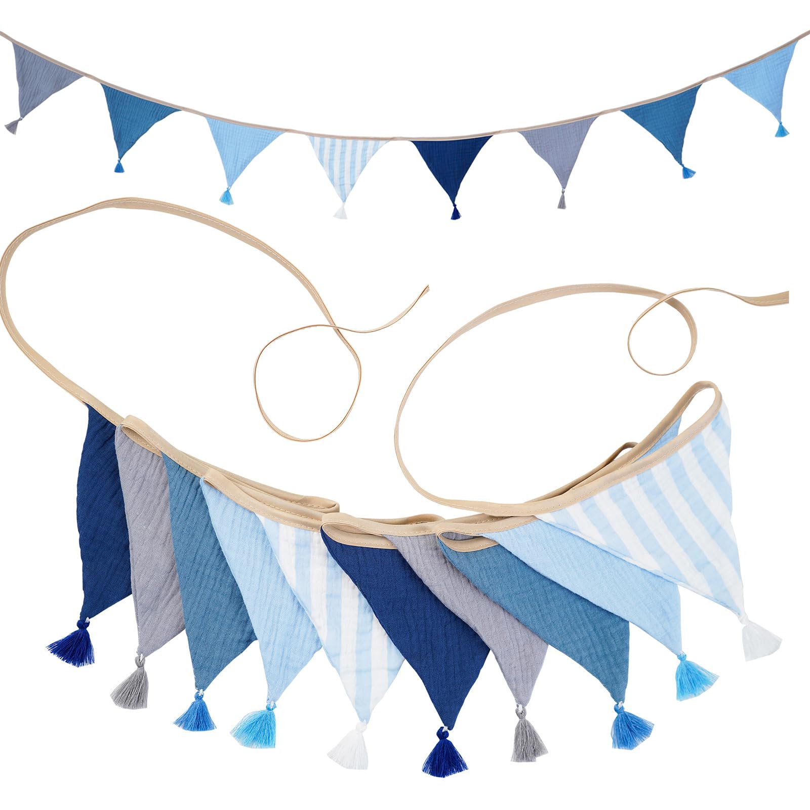 G2PLUS Muslin Fabric Bunting with Tassel: 10PCS Double Sided Cotton Garland, 2.6m Nursery Fabric Triangle Banner for Nursery, Bedroom, Baby Shower, Brithday Party Decoration, Blue