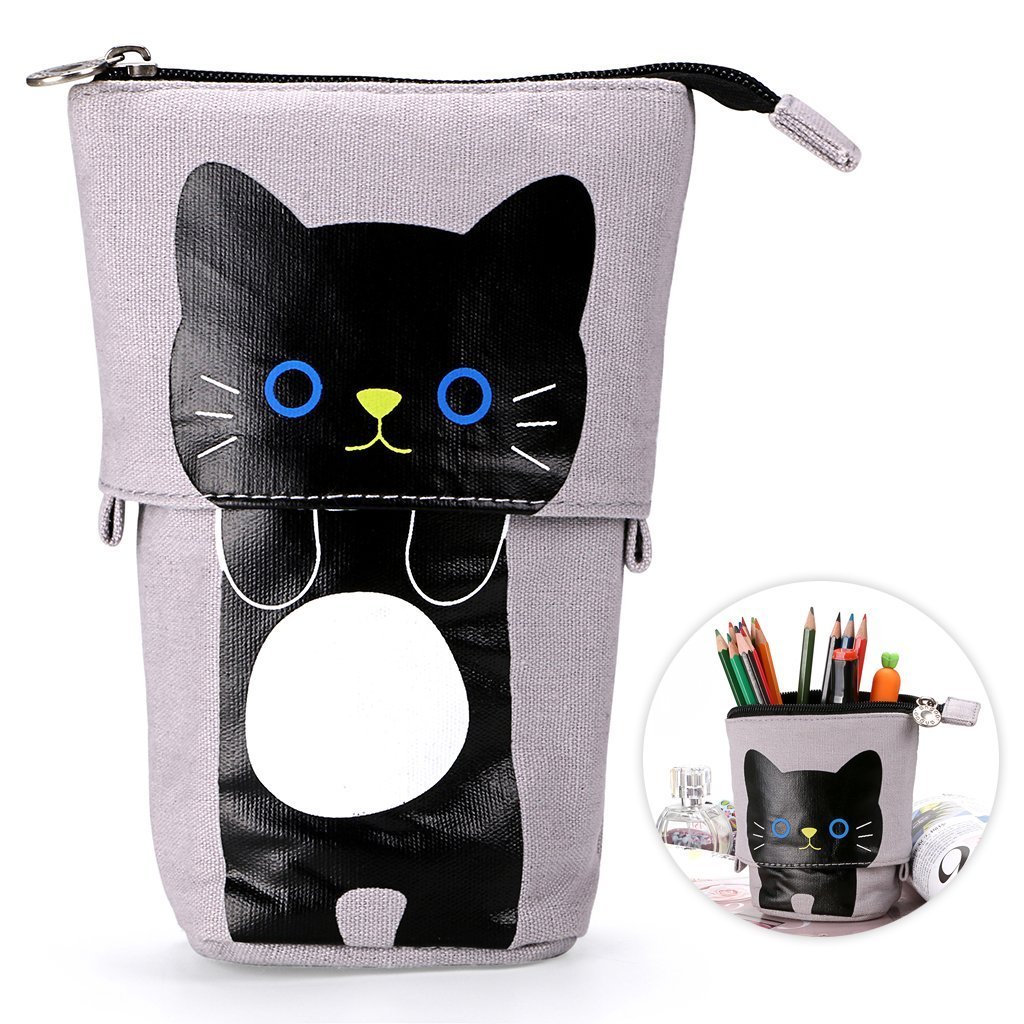 Telescopic Pencil Pouch Standing Pen Holder Cute Pencil Bags Stand Up Pen Case Cartoon Pencil/Pens Storage Box Canvas+PU Stationery Organizer Makeup Bag with Zipper Closure (Gray)